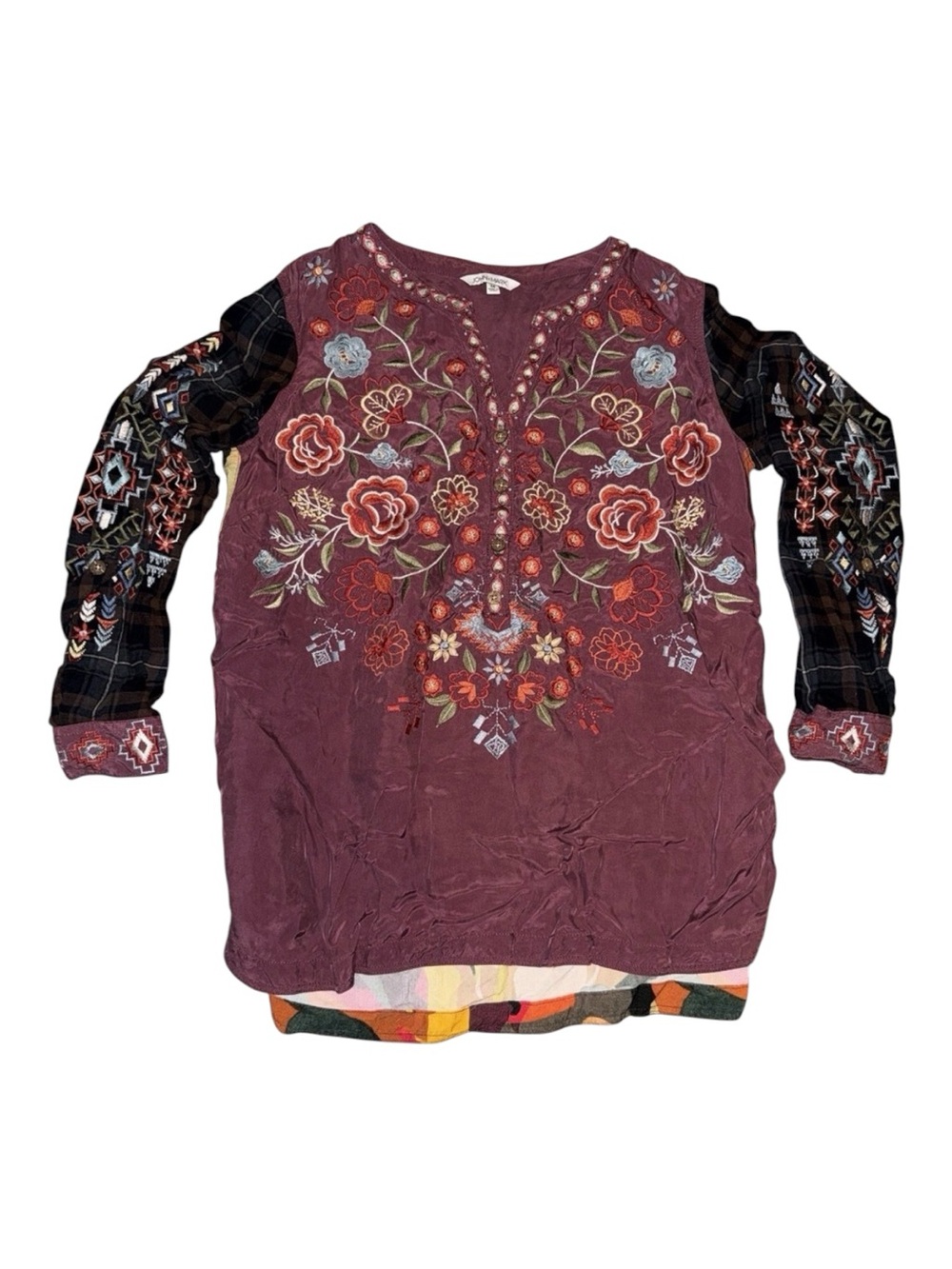 John Mark Vibrant Embroidered Floral Blouse sz M Boho Peasant